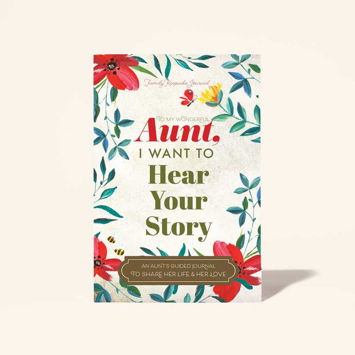 A cover image of a guided journal titled 'Aunt, I Want to Hear Your Story' with a floral design and a red flower prominently featured.