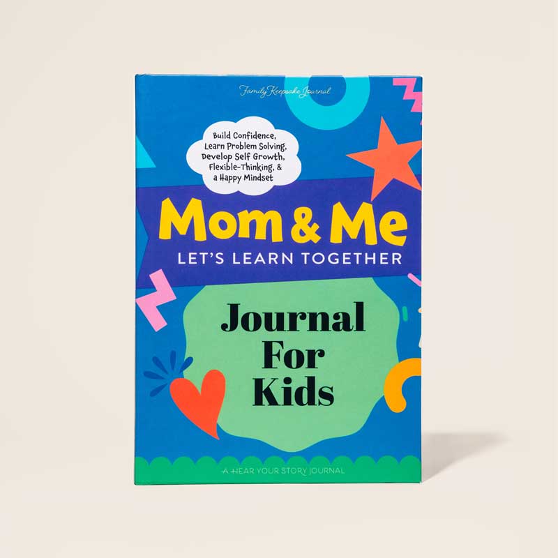 Colorful book titled 'Mom & Me Journal For Kids' on a white background
